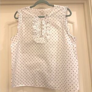 J.Crew sleeveless ruffle blouse. Navy and white polka dots. Size 14